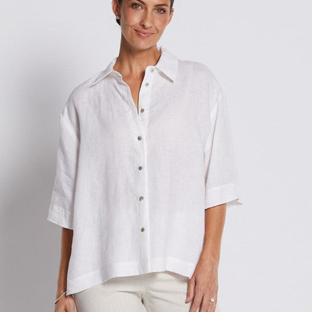 100% Luxe Linen Short Sleeve Shirt in White