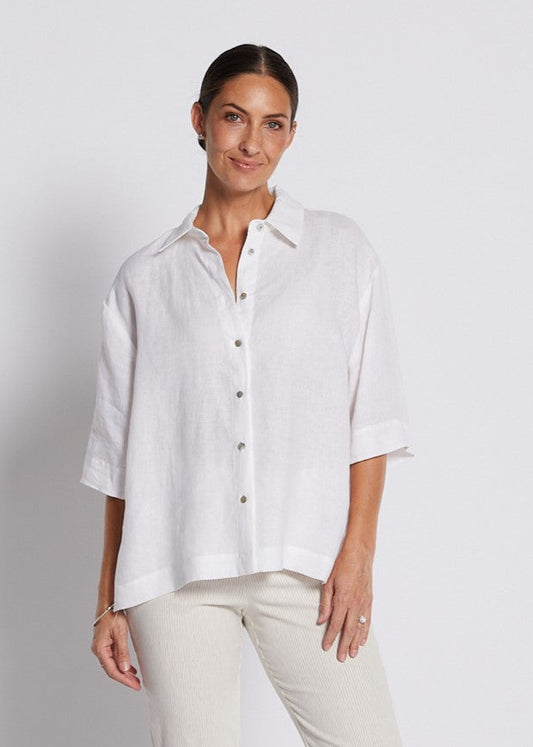 100% Luxe Linen Short Sleeve Shirt in White
