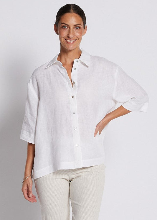 100% Luxe Linen Short Sleeve Shirt in White