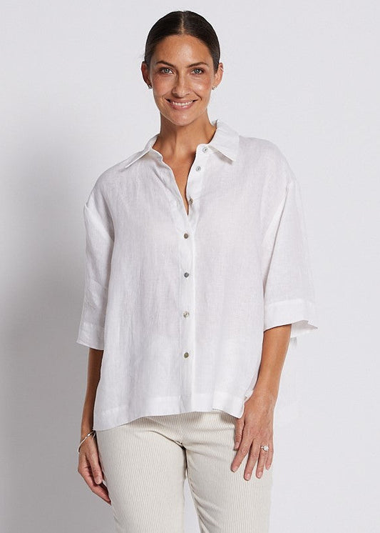 100% Luxe Linen Short Sleeve Shirt in White