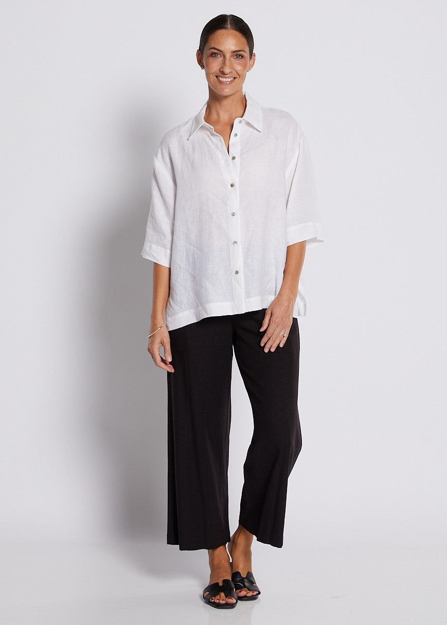 Linen Stretch Wide Leg Crop Pant in Black
