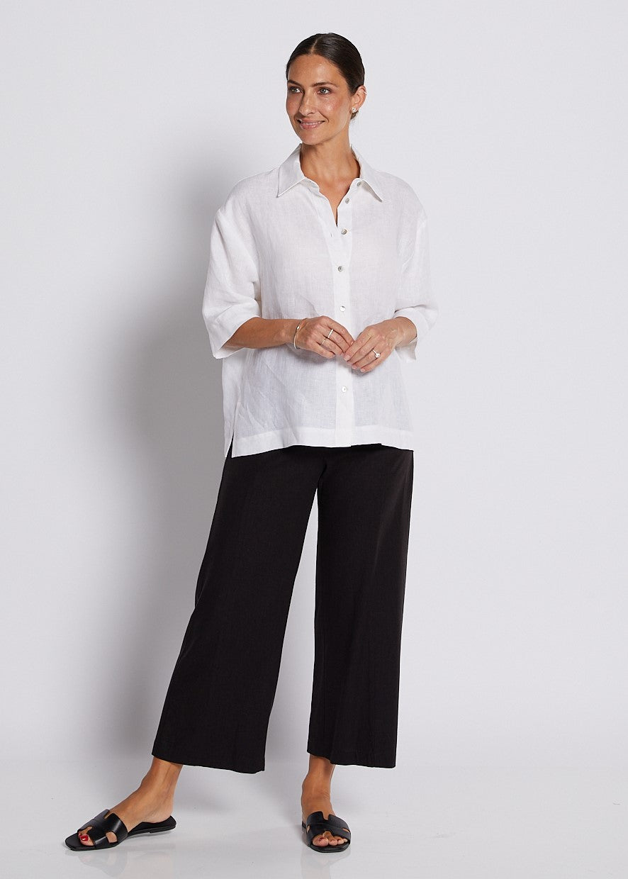 Linen Stretch Wide Leg Crop Pant in Black