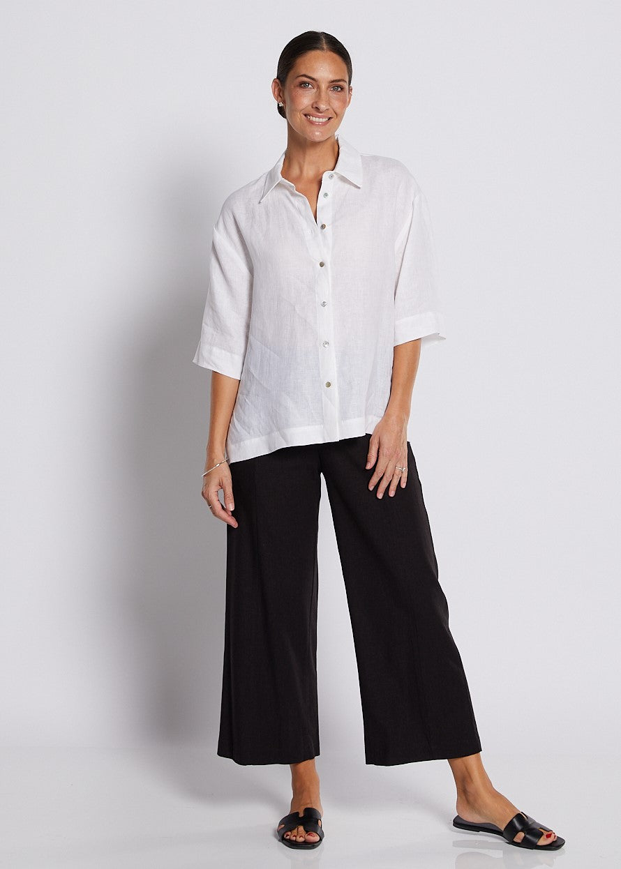 Linen Stretch Wide Leg Crop Pant in Black