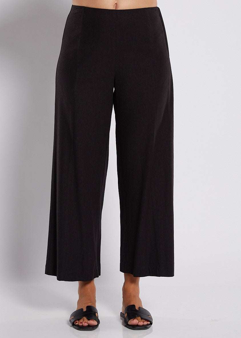 Linen Stretch Wide Leg Crop Pant in Black