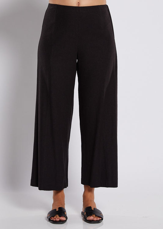 Linen Stretch Wide Leg Crop Pant in Black