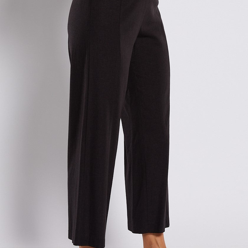 Linen Stretch Wide Leg Crop Pant in Black