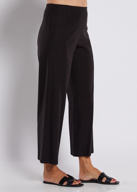 Linen Stretch Wide Leg Crop Pant in Black