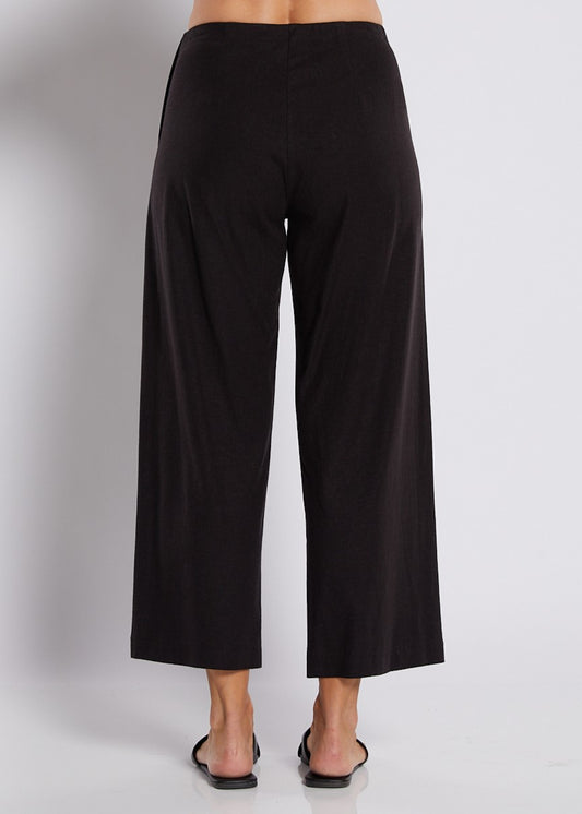 Linen Stretch Wide Leg Crop Pant in Black