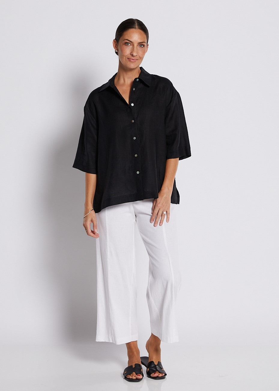 Linen Stretch Wide Leg Crop Pant in White