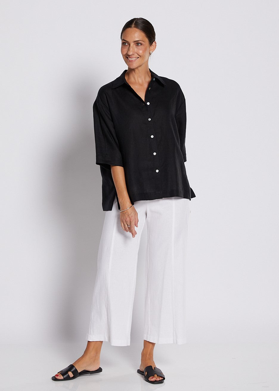 Linen Stretch Wide Leg Crop Pant in White