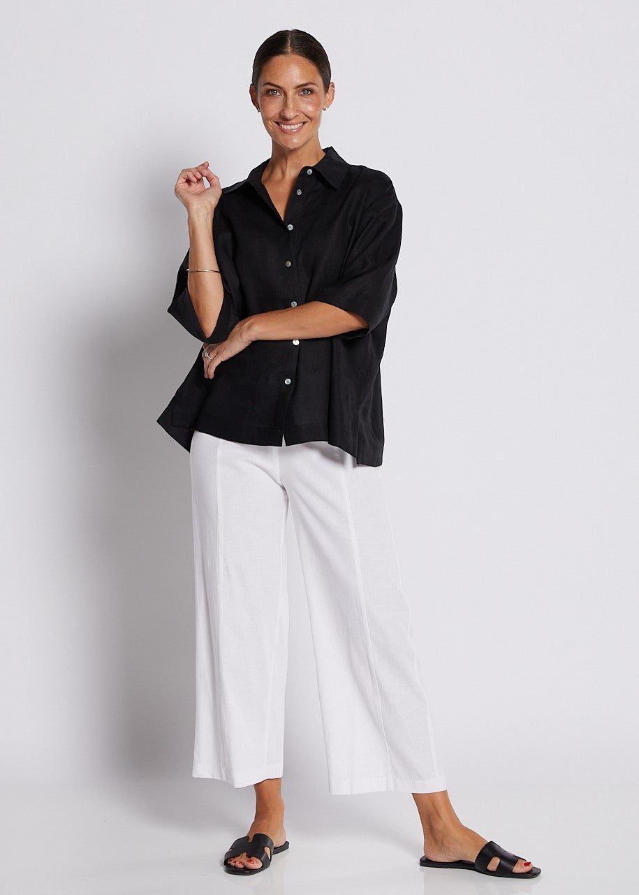 Linen Stretch Wide Leg Crop Pant in White