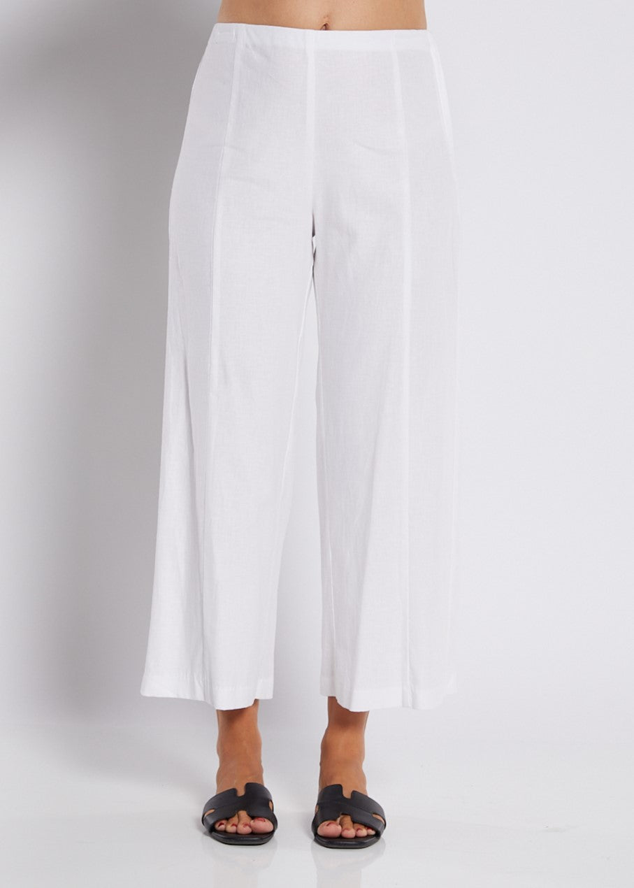 Linen Stretch Wide Leg Crop Pant in White