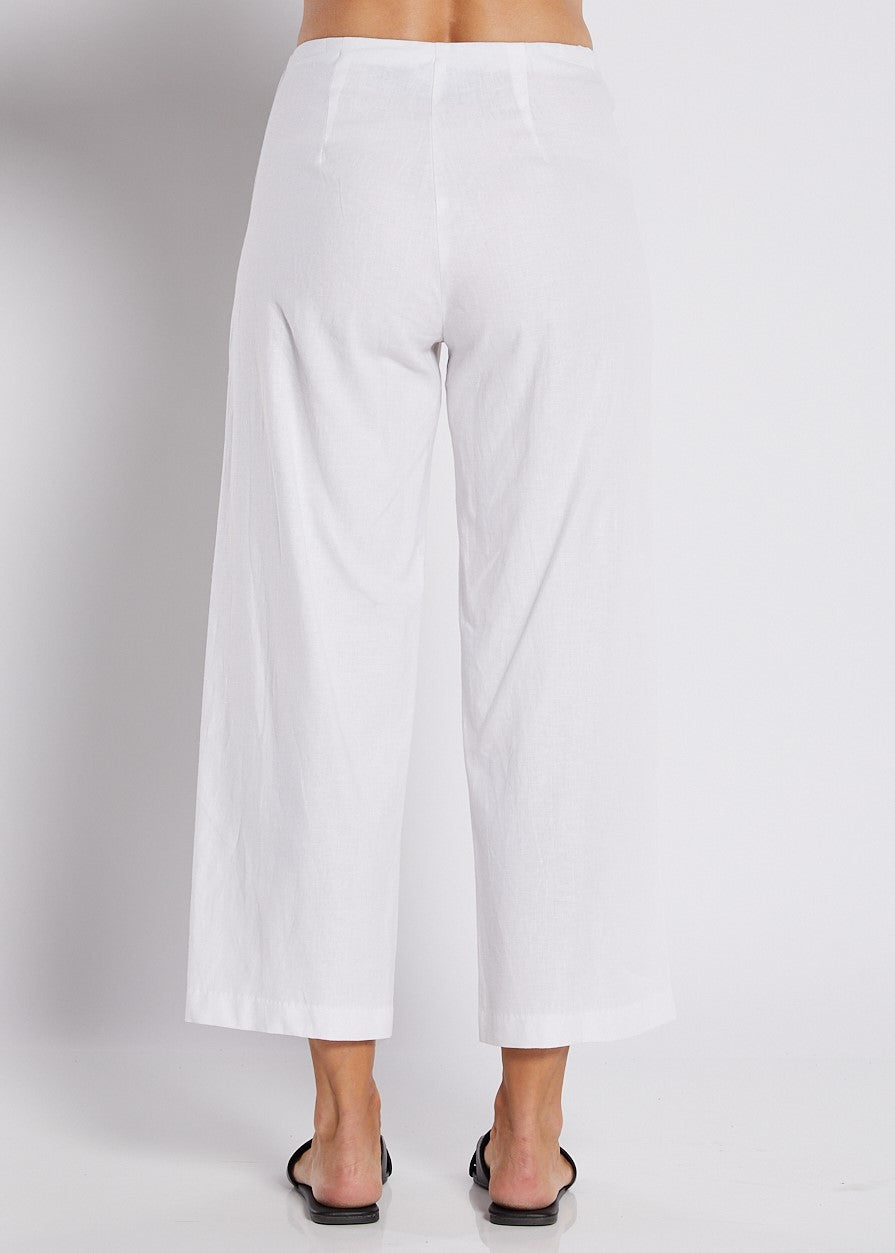 Linen Stretch Wide Leg Crop Pant in White