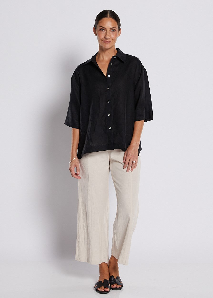 Linen Stretch Wide Leg Crop Pant in Neutral Stone