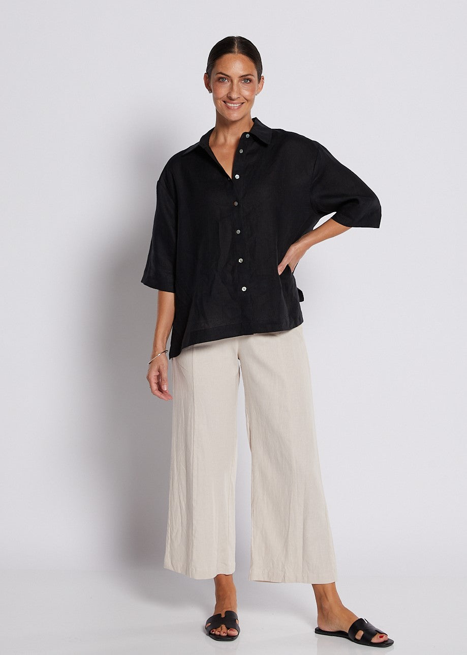 Linen Stretch Wide Leg Crop Pant in Neutral Stone