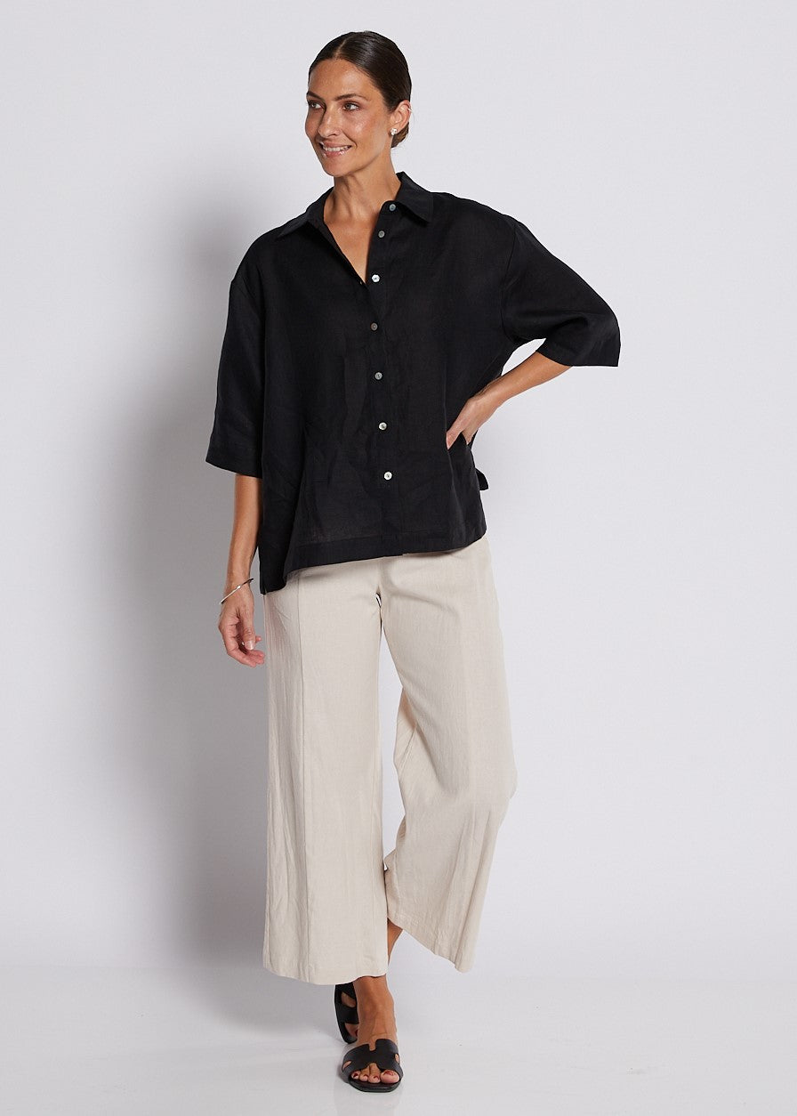 Linen Stretch Wide Leg Crop Pant in Neutral Stone