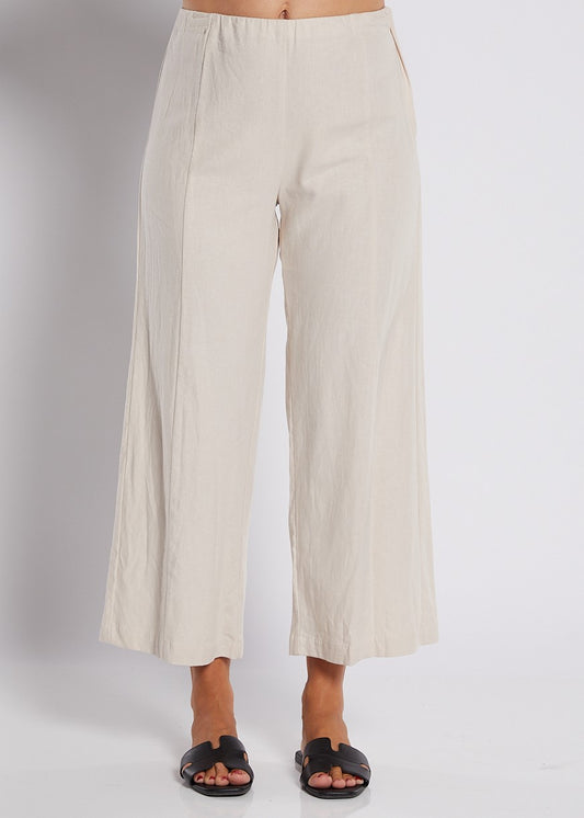 Linen Stretch Wide Leg Crop Pant in Neutral Stone