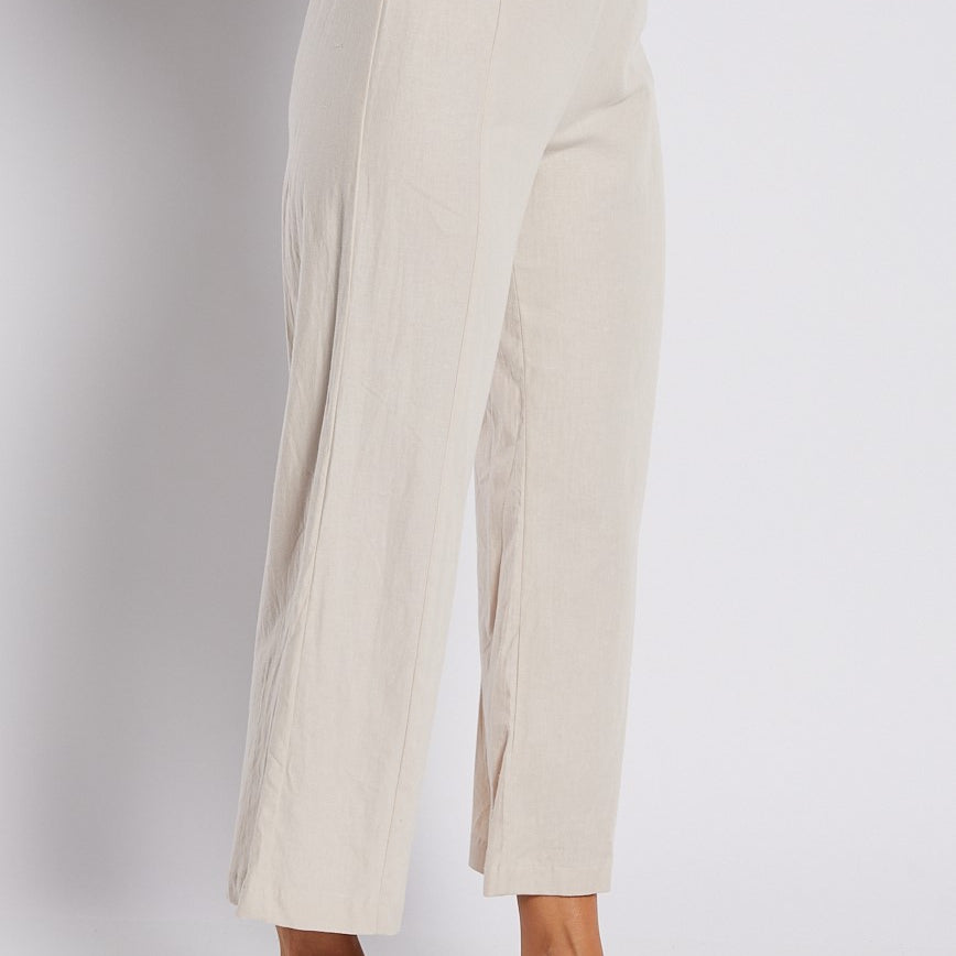 Linen Stretch Wide Leg Crop Pant in Neutral Stone