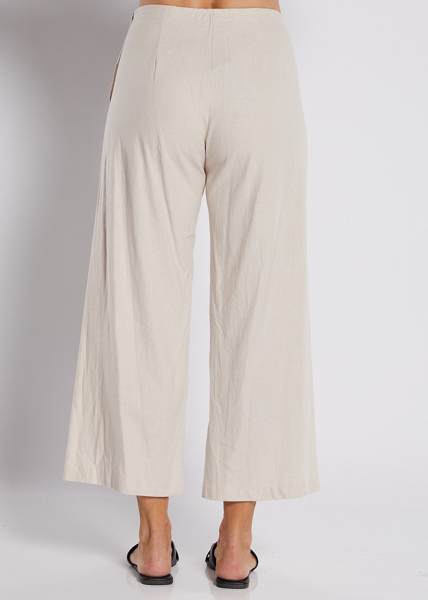 Linen Stretch Wide Leg Crop Pant in Neutral Stone