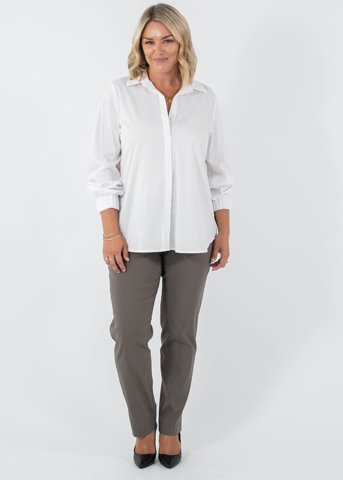 Narrow Miracle Bengaline Women's full-length slim-cut pants in bark neutral.