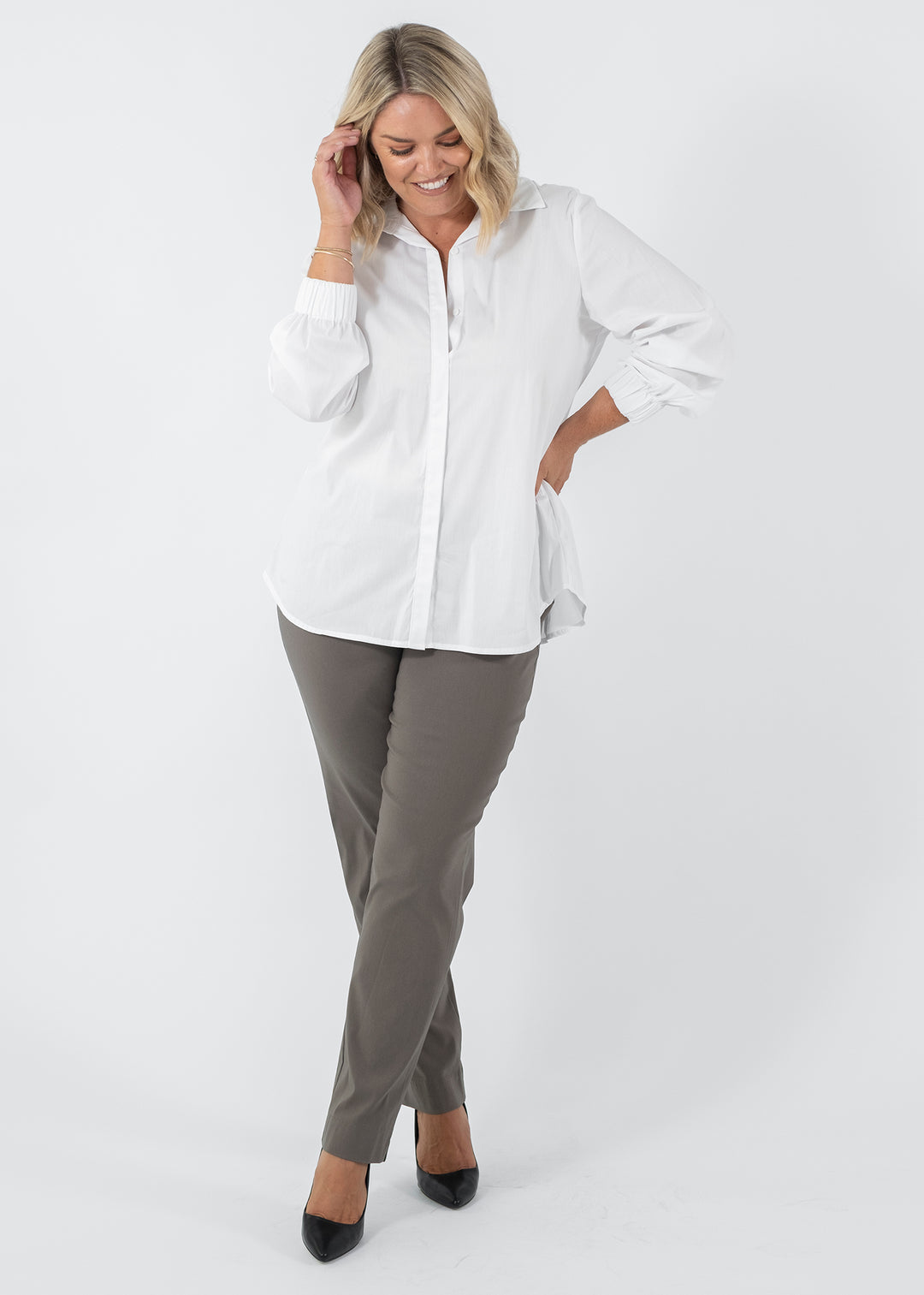 Narrow Miracle Bengaline Women's full-length slim-cut pants in bark neutral.