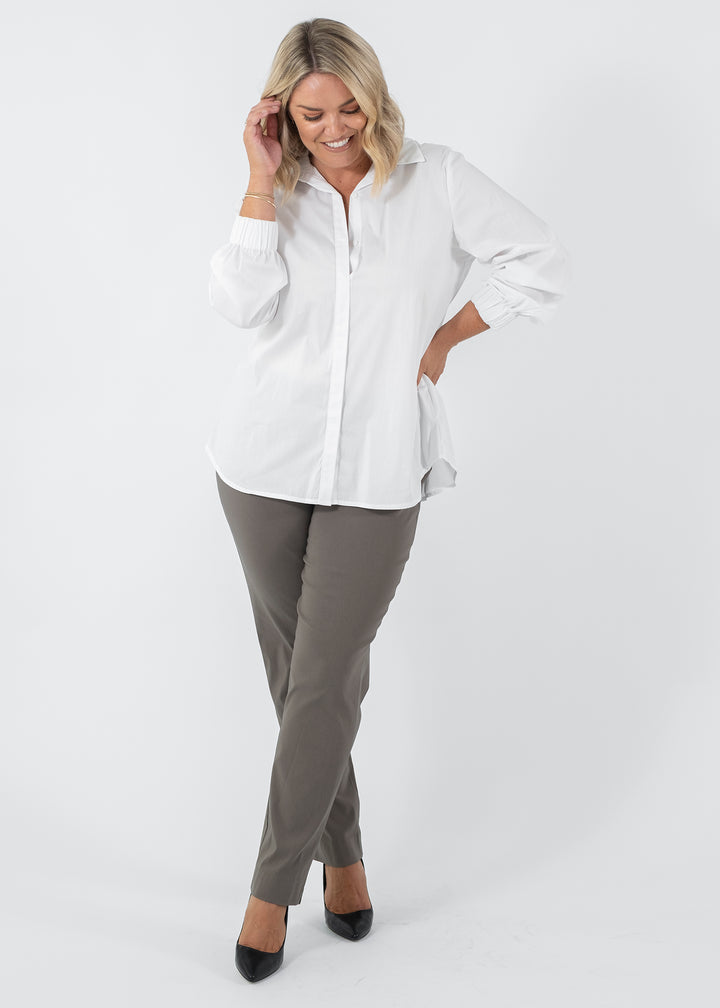 Narrow Miracle Bengaline Women's full-length slim-cut pants in bark neutral.
