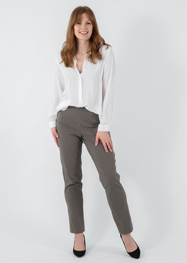 Narrow Miracle Bengaline Women's full-length slim-cut pants in bark neutral.
