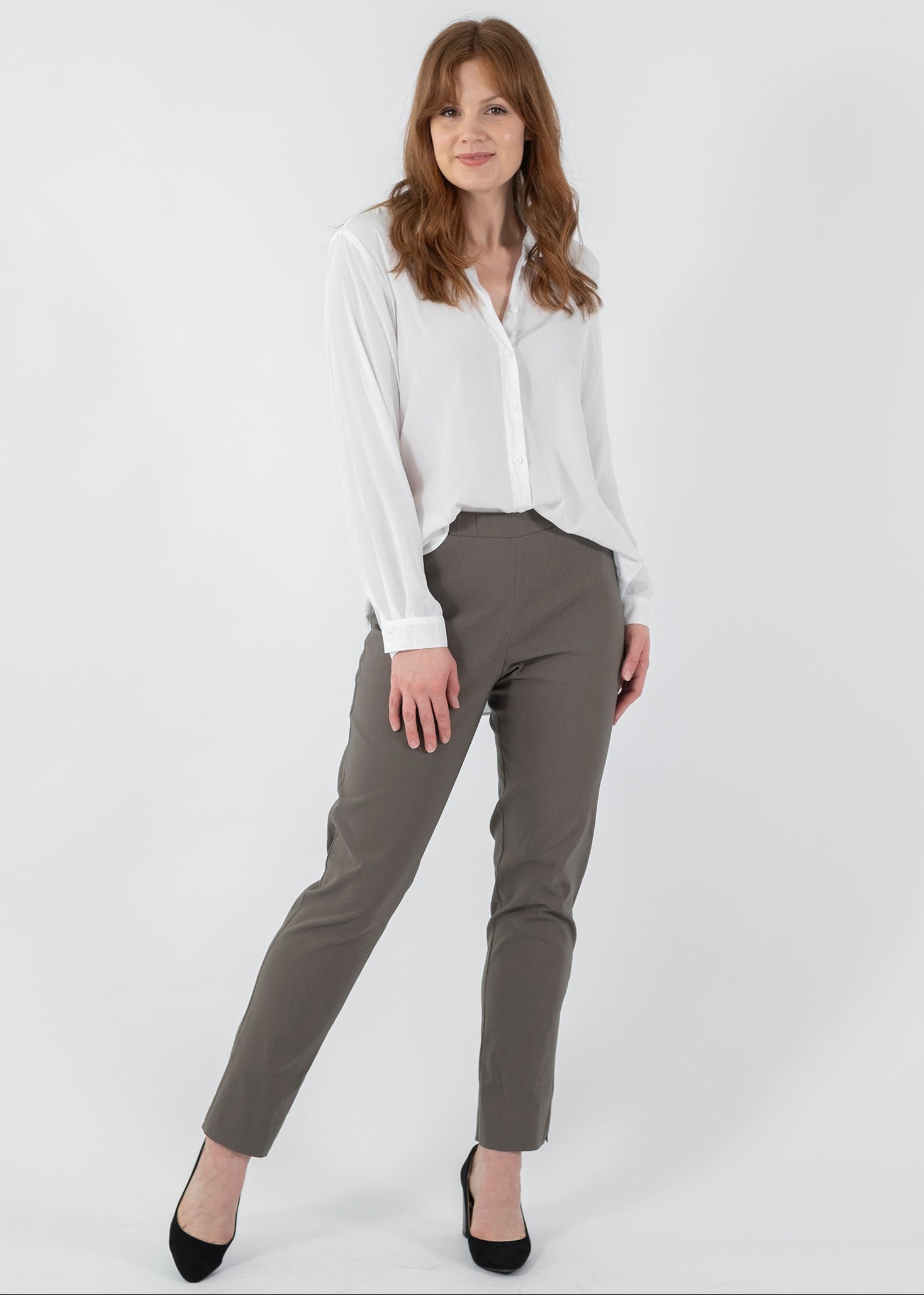 Narrow Miracle Bengaline Women's full-length slim-cut pants in bark neutral.