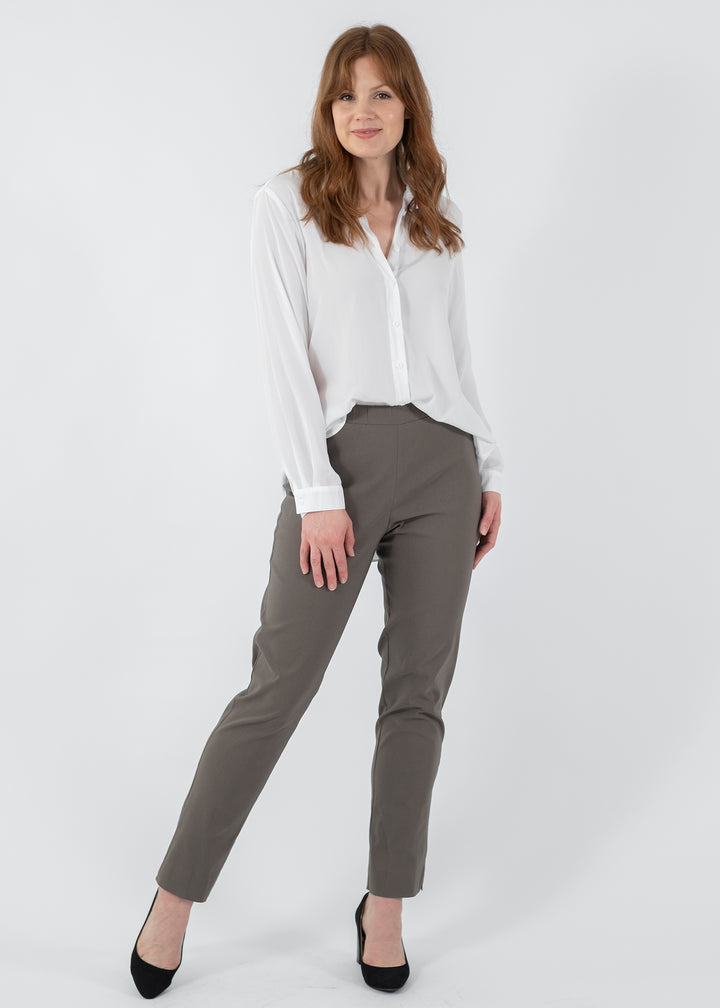 Narrow Miracle Bengaline Women's full-length slim-cut pants in bark neutral.