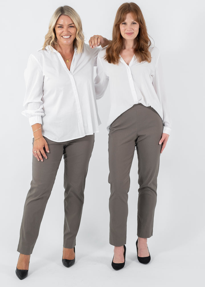 Narrow Miracle Bengaline Women's full-length slim-cut pants in bark neutral.