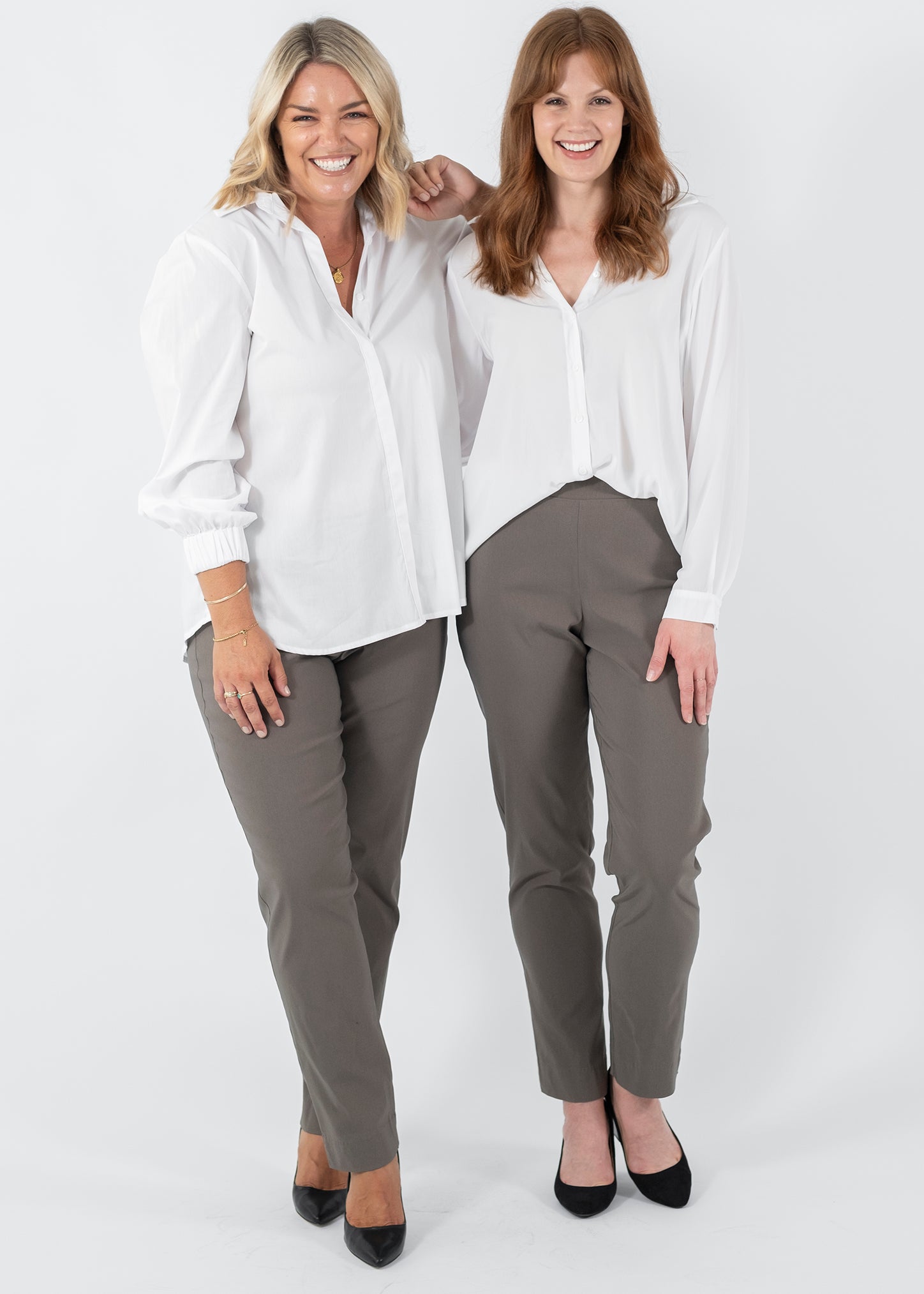 Narrow Miracle Bengaline Women's full-length slim-cut pants in bark neutral.