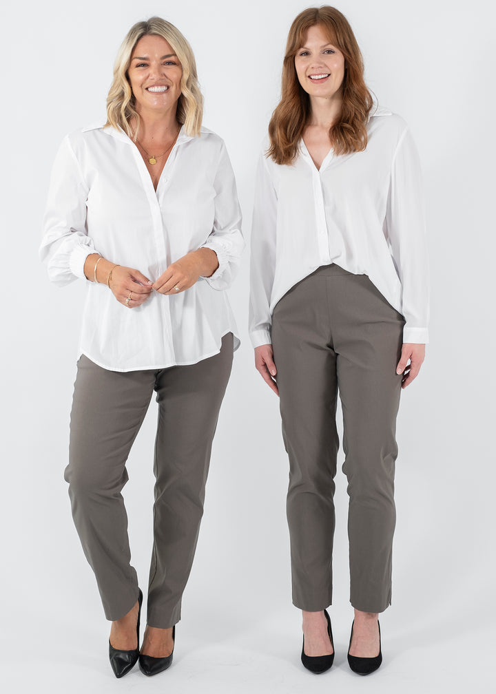 Narrow Miracle Bengaline Women's full-length slim-cut pants in bark neutral.