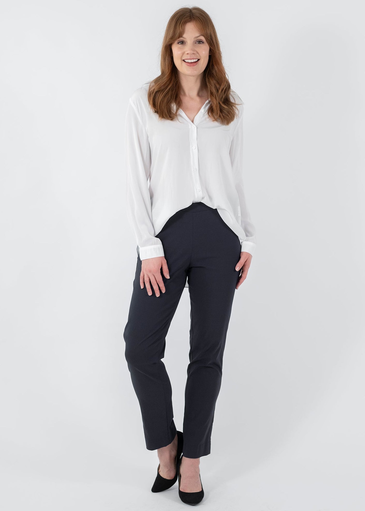 Narrow Miracle Bengaline Women's full-length slim-cut in french navy pants.