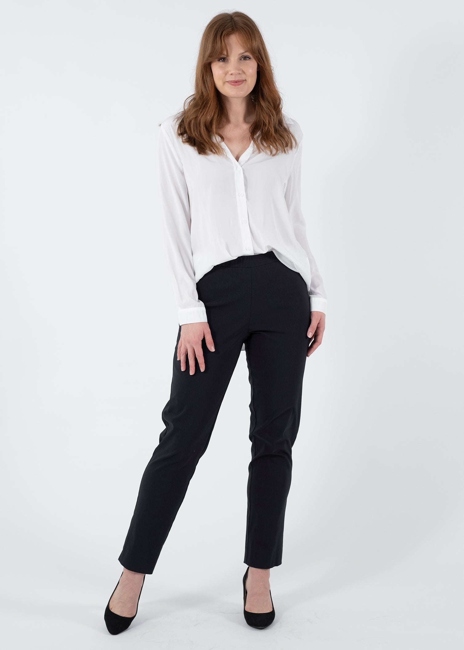 Narrow Miracle Bengaline Women's full-length slim-cut ink navy pants.