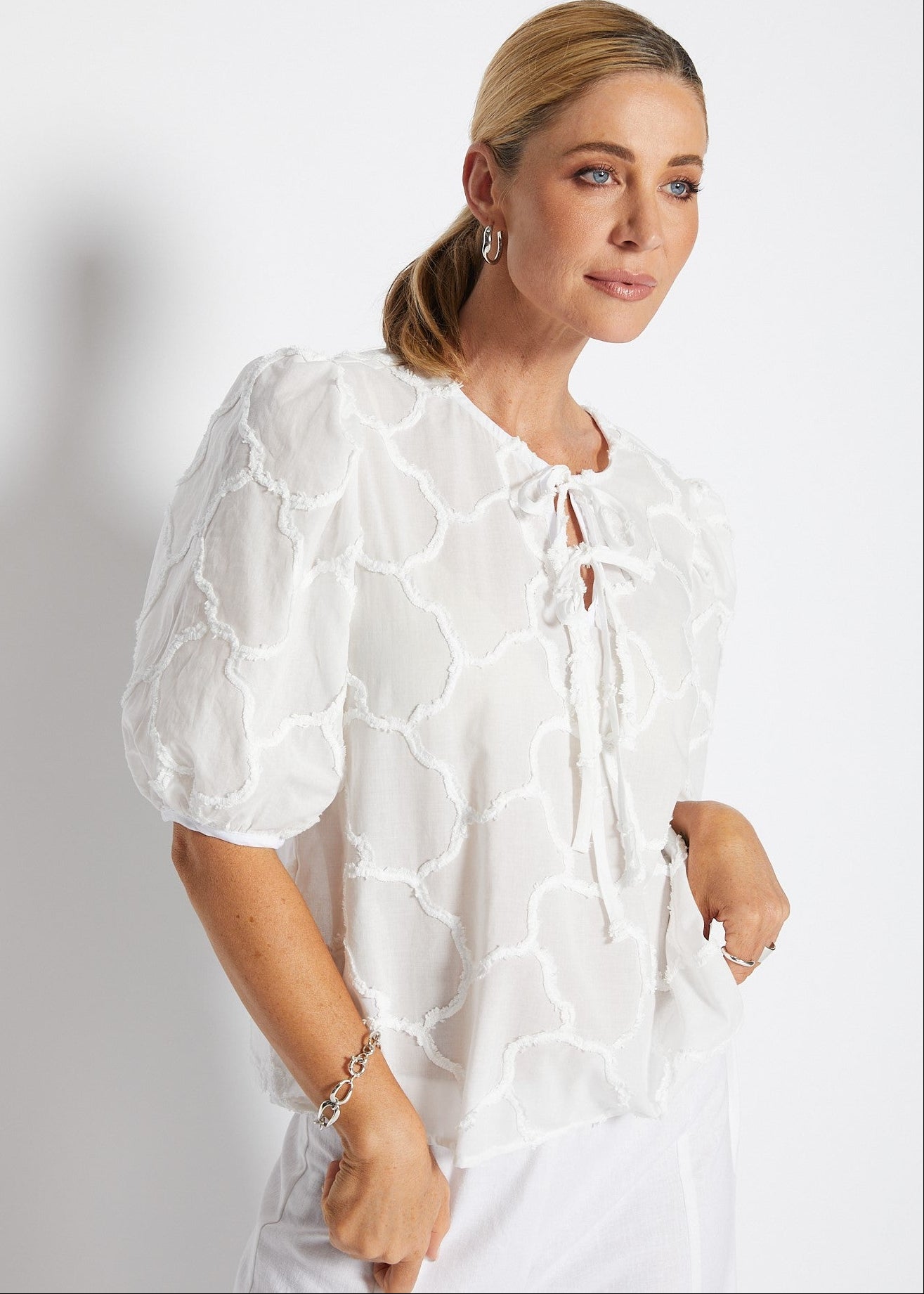 Zoe textured cotton voile blouse with tie detail