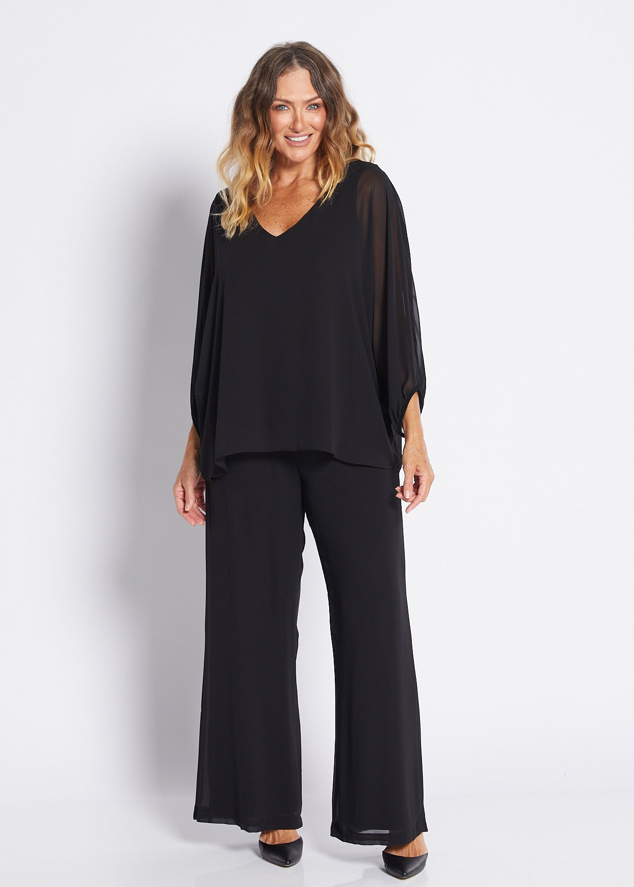 Chiffon and Jersey Lined Wide Leg Pants in Black