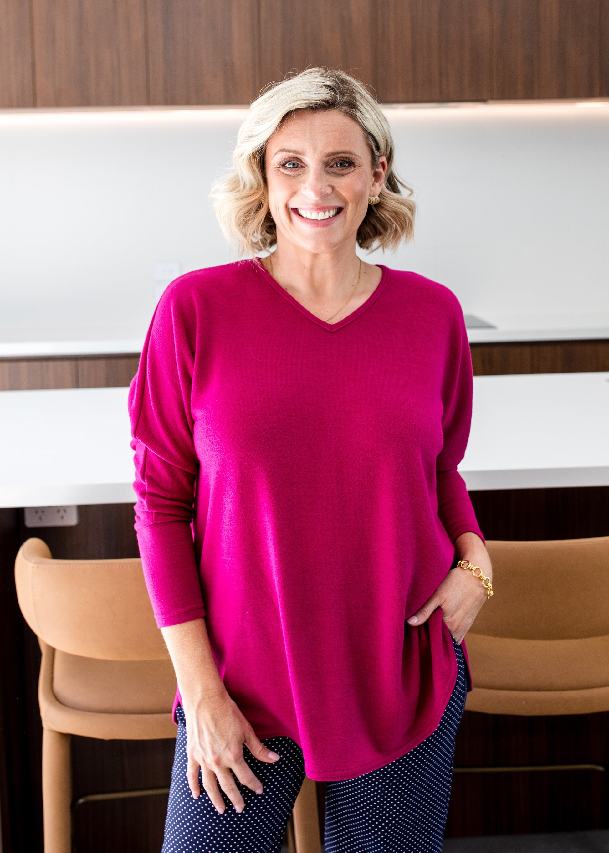 V Neck Knit Jumper in Magenta