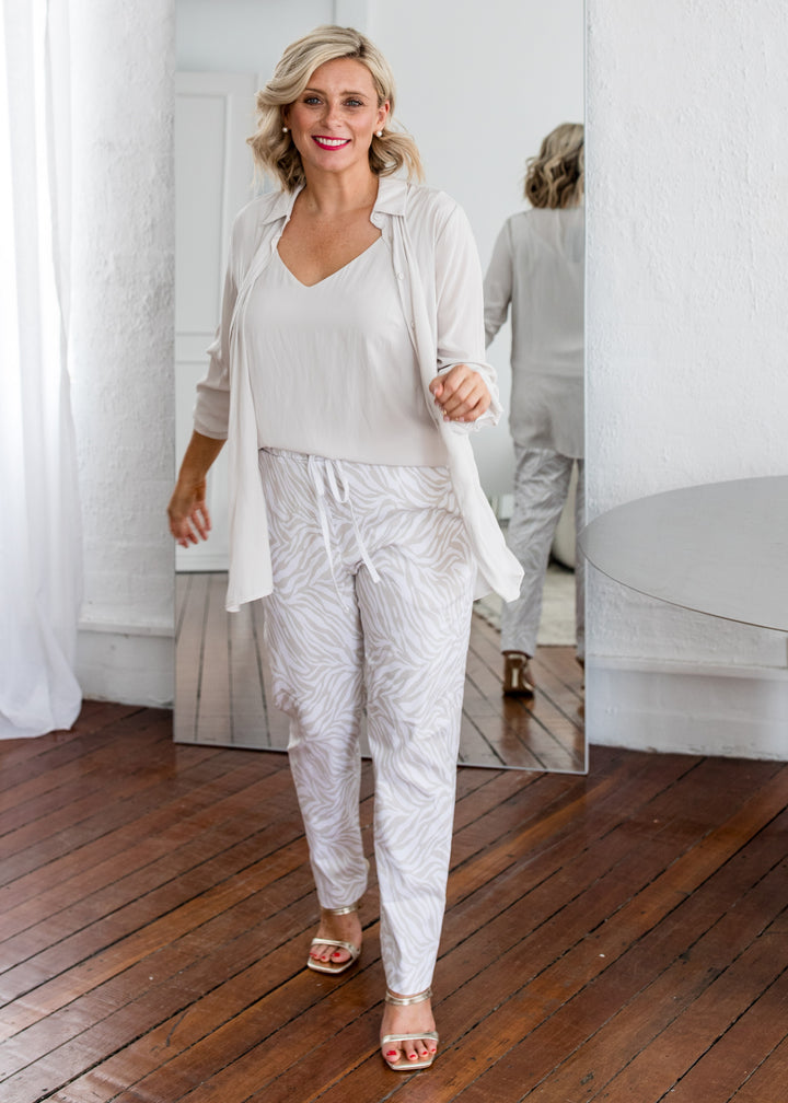 Philosophy Australia Travel printed Bengaline relaxed pant in Zebros, sustainable slow fashion made in Australia