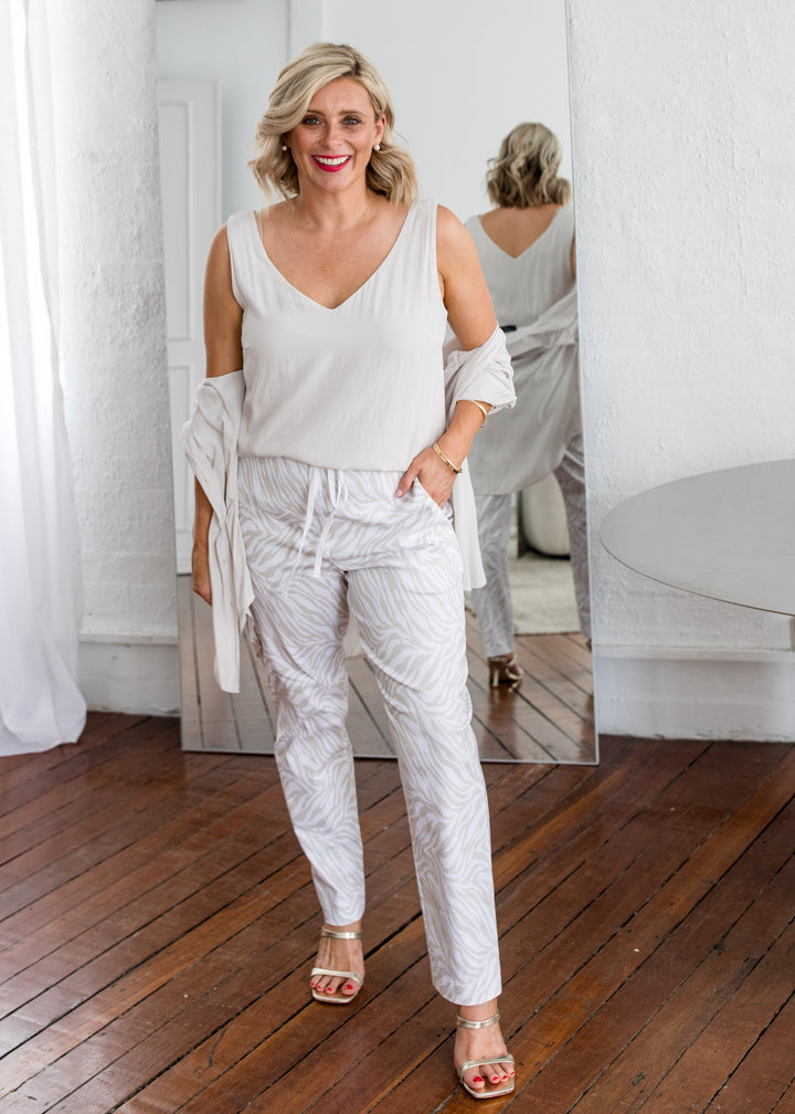 Philosophy Australia Travel printed Bengaline relaxed pant in Zebros, sustainable slow fashion made in Australia