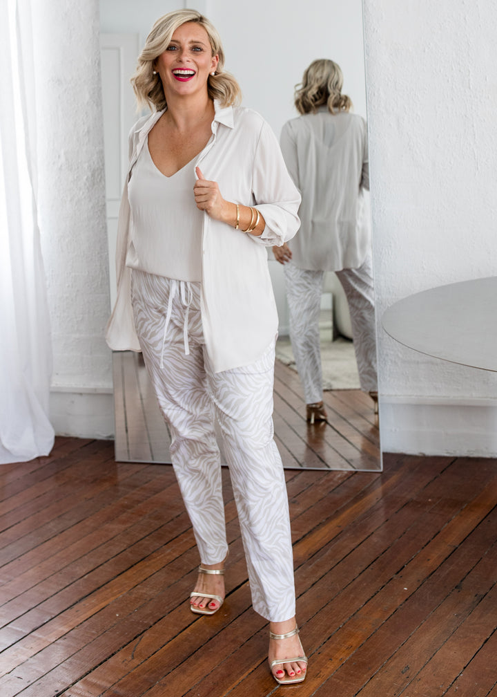 Philosophy Australia Travel printed Bengaline relaxed pant in Zebros, sustainable slow fashion made in Australia