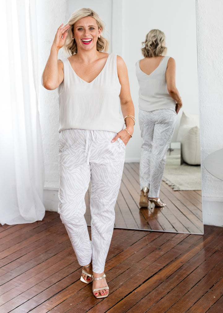 Philosophy Australia Travel printed Bengaline relaxed pant in Zebros, sustainable slow fashion made in Australia
