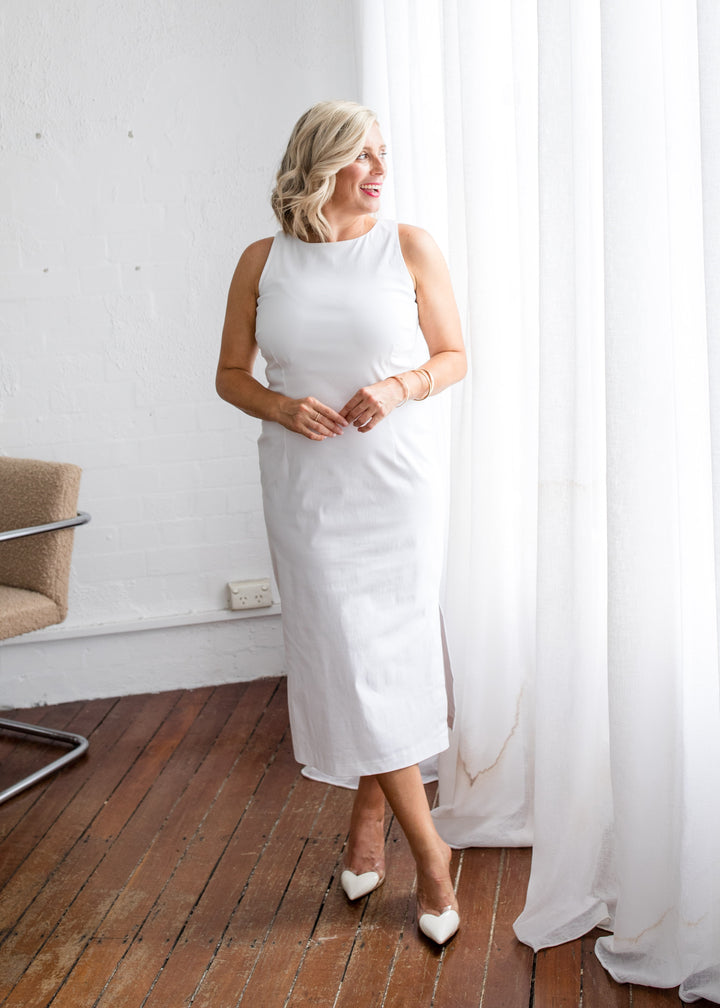Philosophy Australia Tiffany super stretch Bengaline midi sheath dress in white, made in Australia