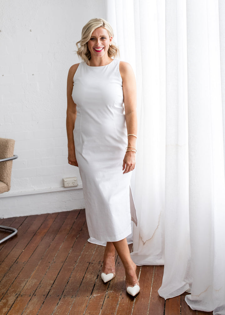 Philosophy Australia Tiffany super stretch Bengaline midi sheath dress in white, made in Australia