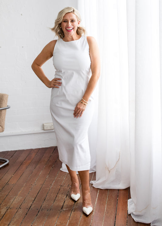 Philosophy Australia Tiffany super stretch Bengaline midi sheath dress in white, made in Australia