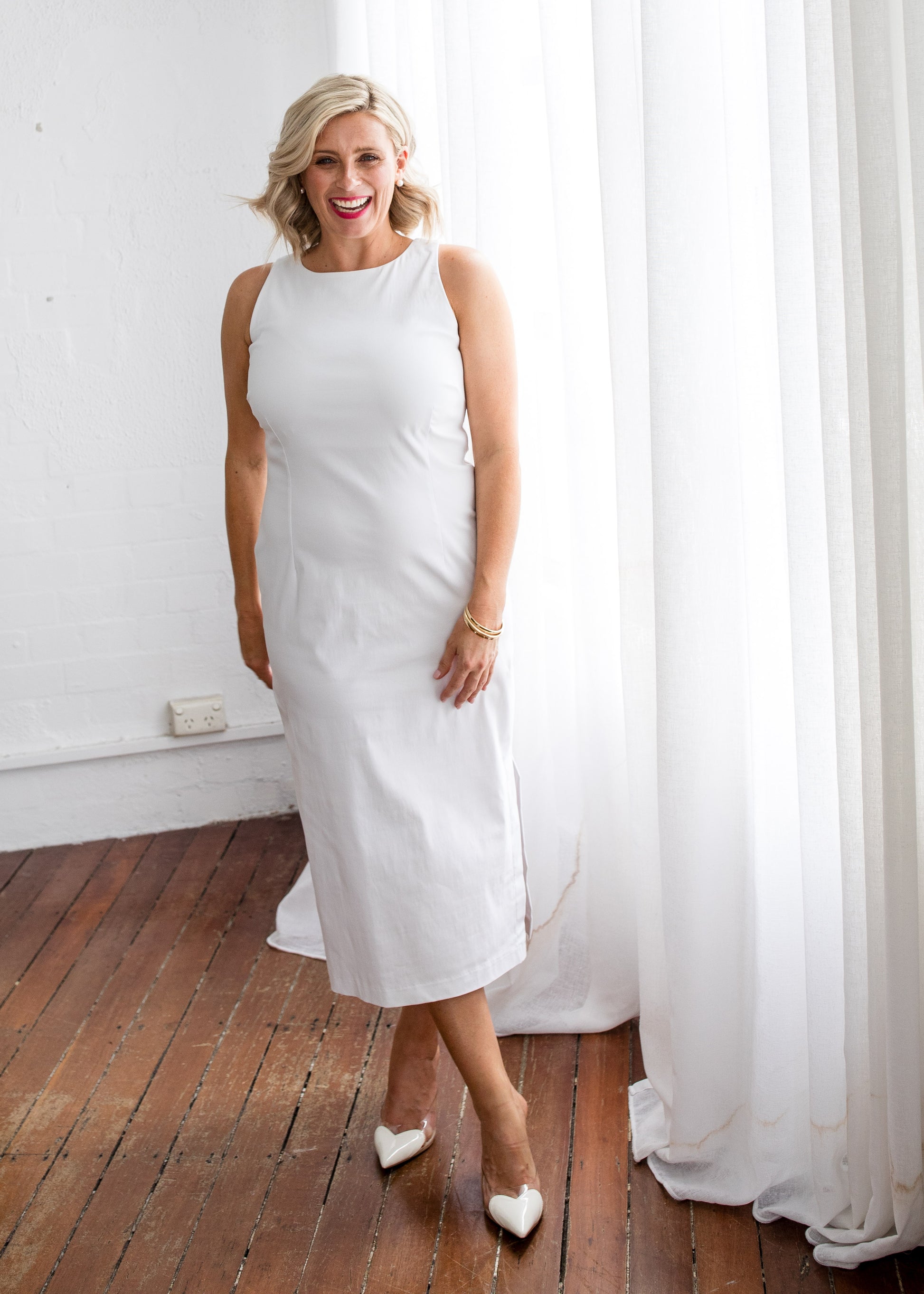 Philosophy Australia Tiffany super stretch Bengaline midi sheath dress in white, made in Australia