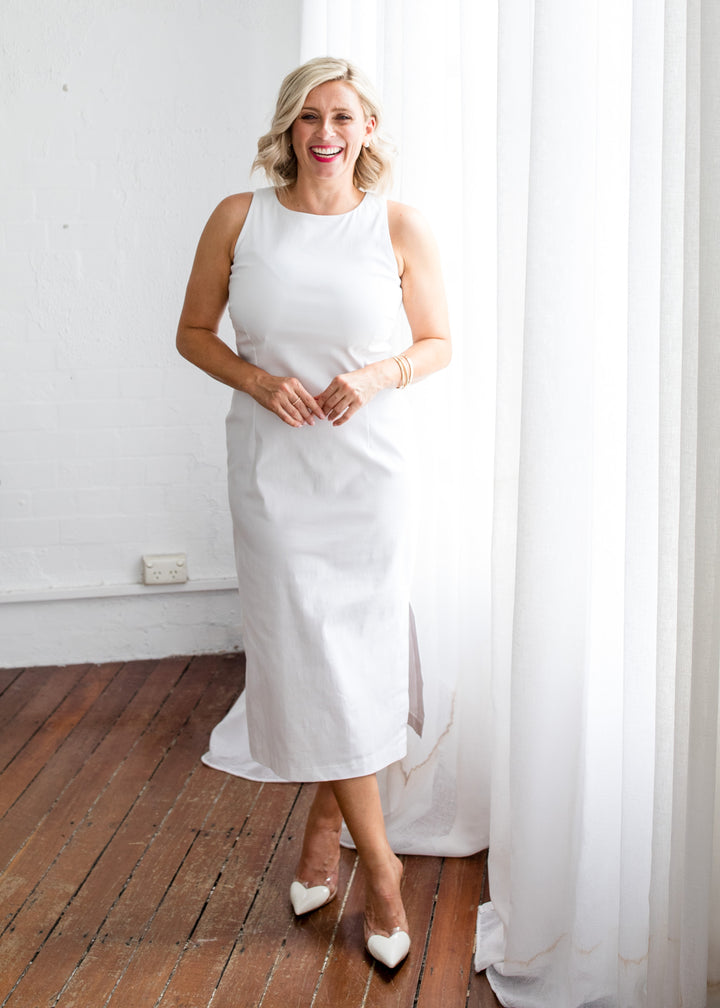 Philosophy Australia Tiffany super stretch Bengaline midi sheath dress in white, made in Australia