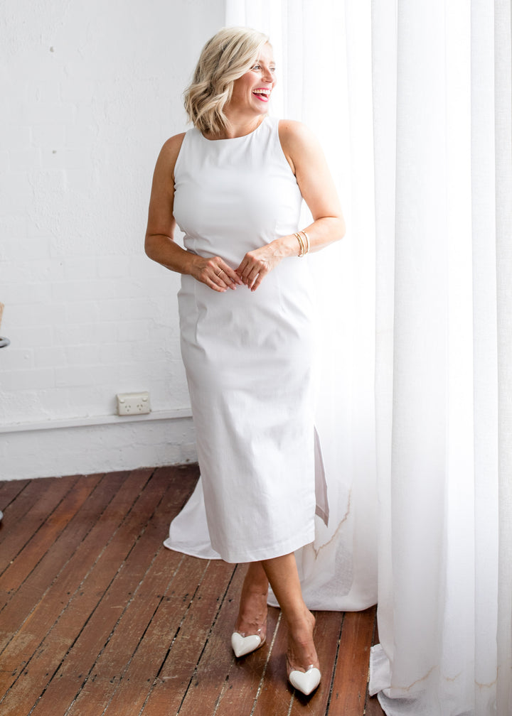 Philosophy Australia Tiffany super stretch Bengaline midi sheath dress in white, made in Australia