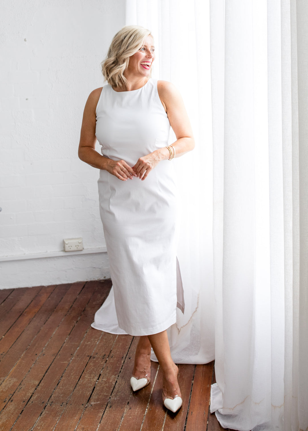 Philosophy Australia Tiffany super stretch Bengaline midi sheath dress in white, made in Australia