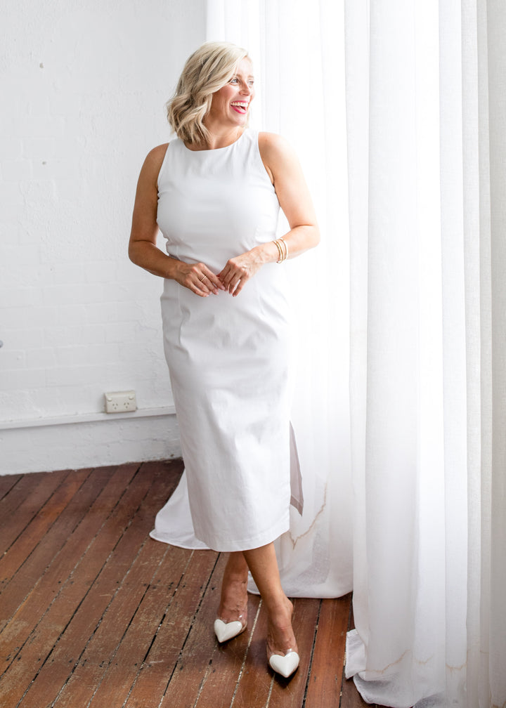 Philosophy Australia Tiffany super stretch Bengaline midi sheath dress in white, made in Australia
