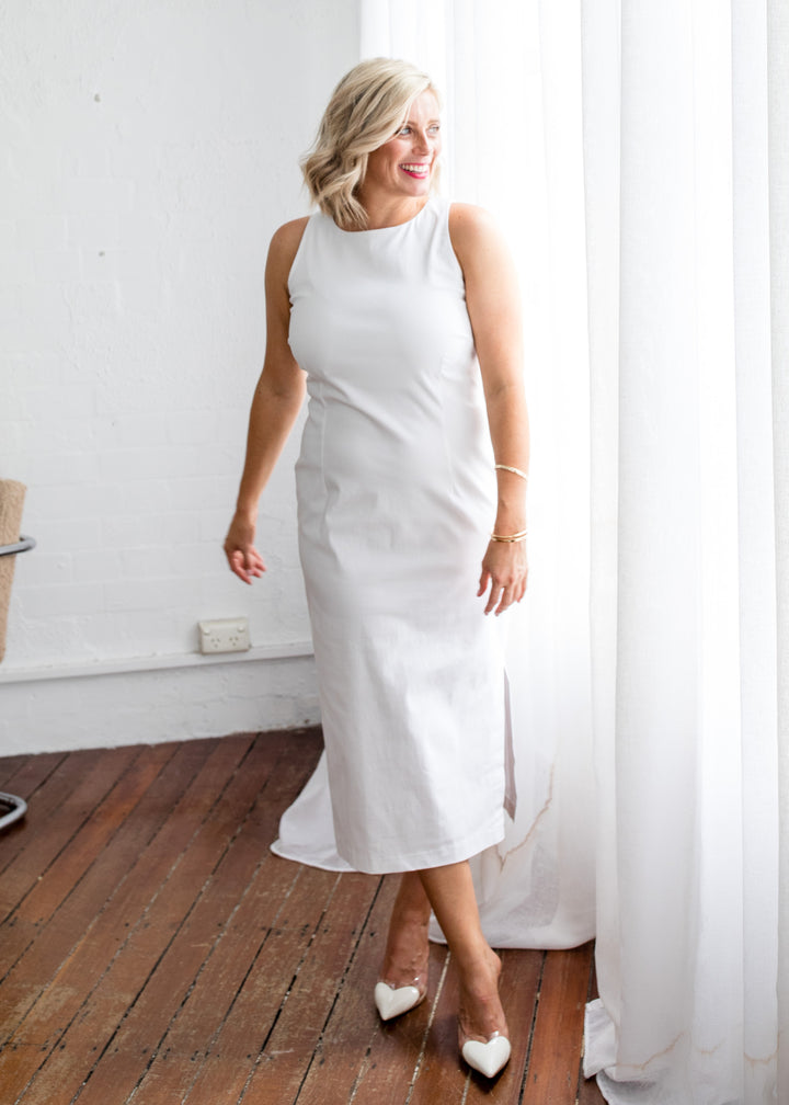 Philosophy Australia Tiffany super stretch Bengaline midi sheath dress in white, made in Australia
